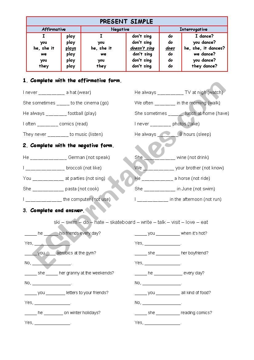 Present simple worksheet