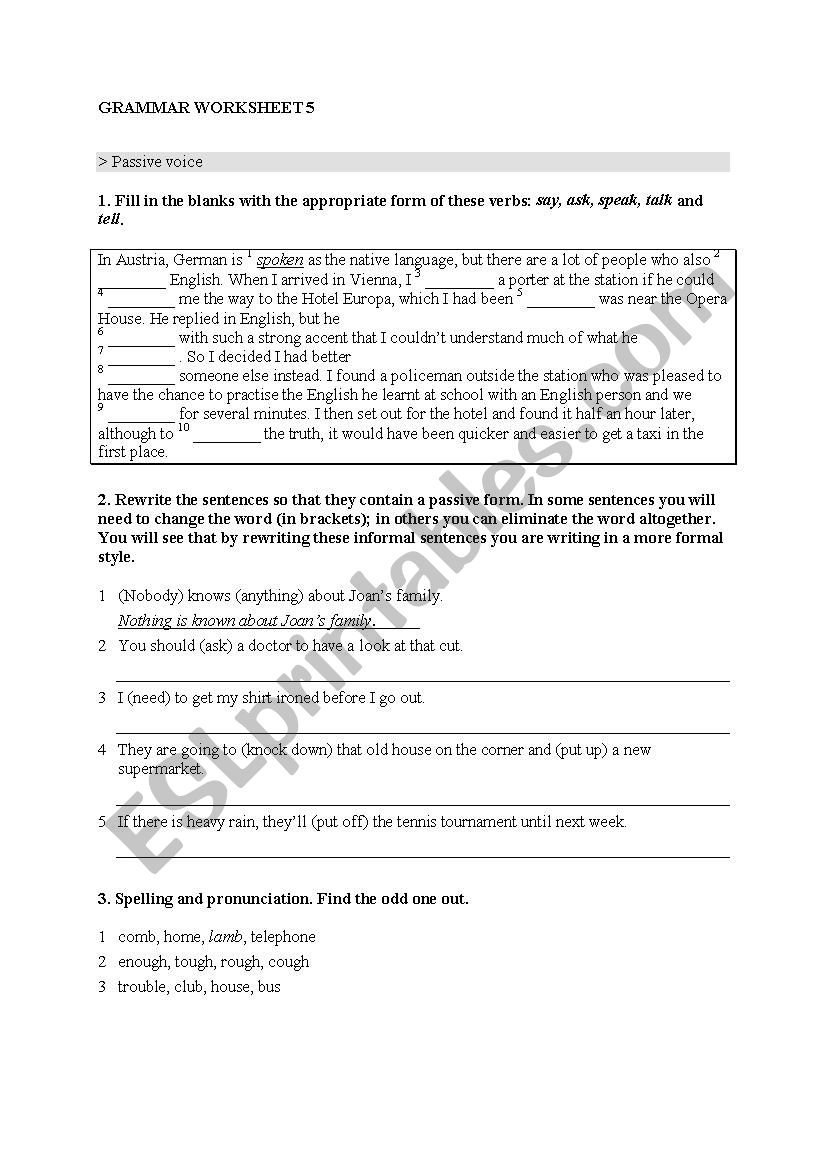 GRAMMAR WORKSHEET 5 worksheet