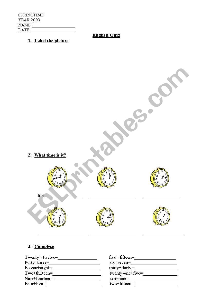 TIME AND NUMBERS worksheet