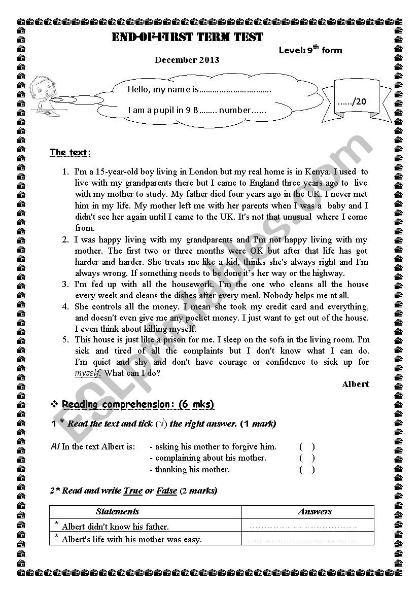 End-of-First term test 9th  worksheet