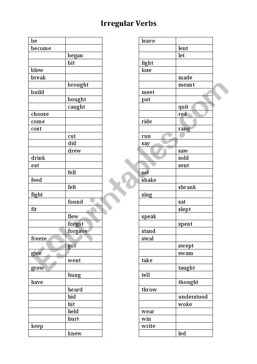 Irregular Verbs worksheet