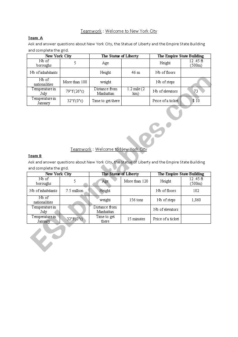 teamwork NYC worksheet