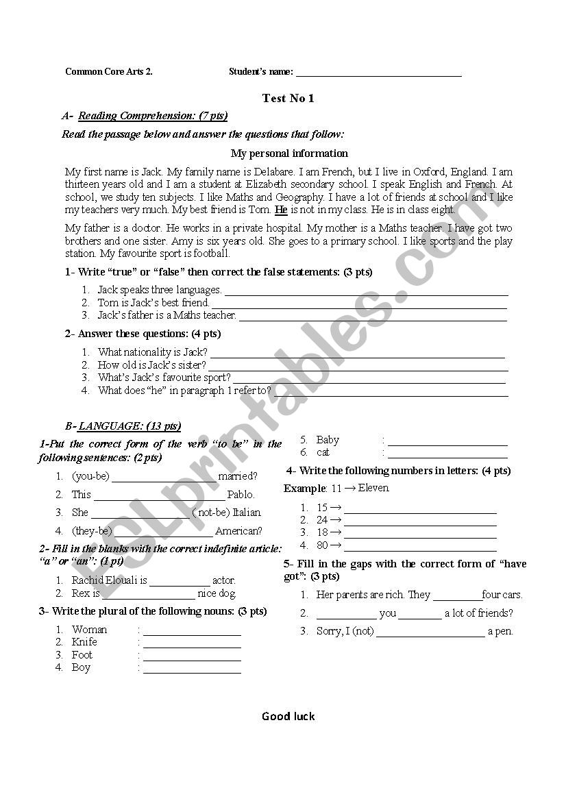 common core test  worksheet