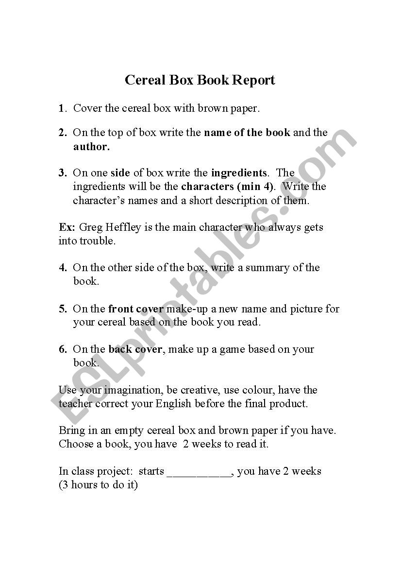 Cereal Box Book Report worksheet