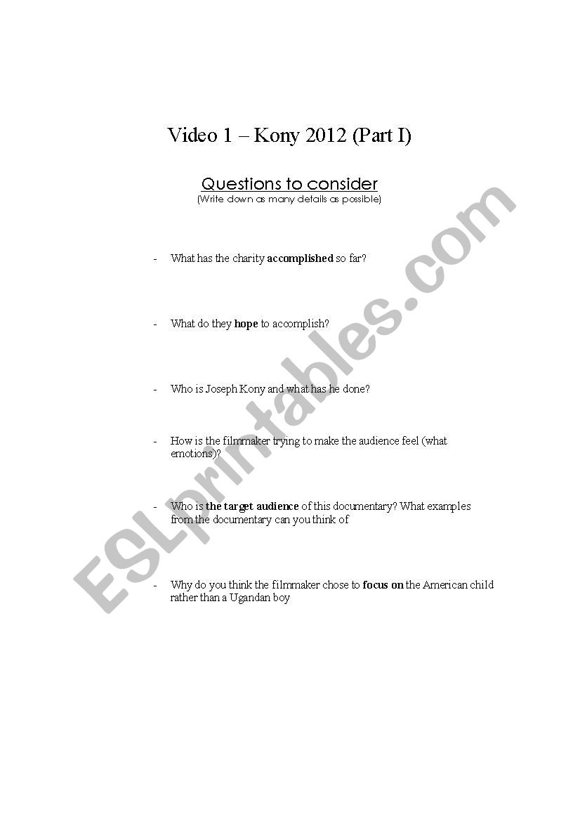 Kony 2012 worksheet