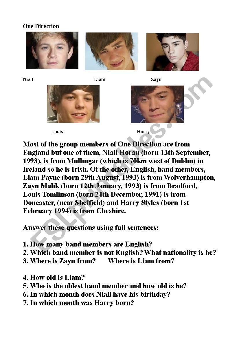 One Direction worksheet
