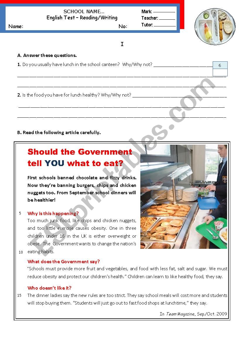 Should the Government tell you what to eat? - Reading & Writing Test Pre-Intermediate B1