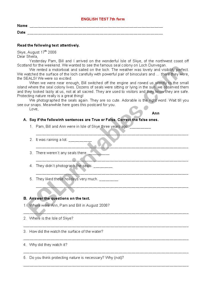 English worksheet 7th worksheet