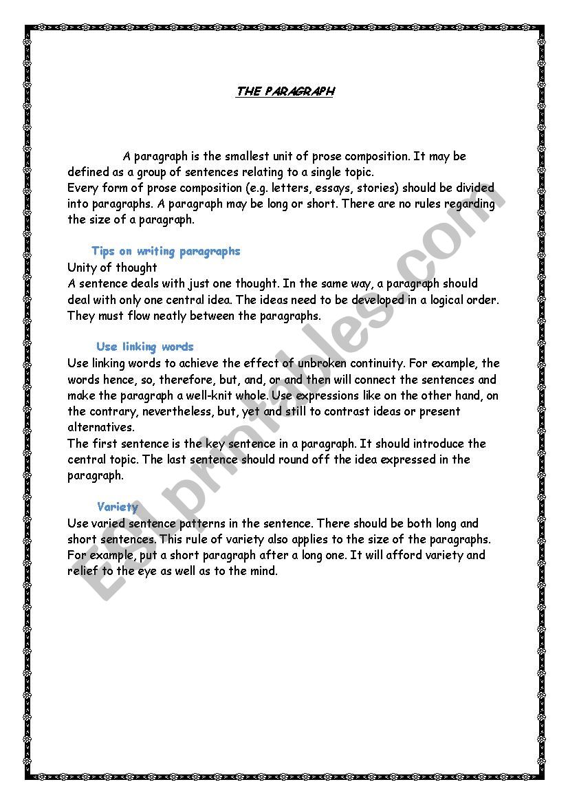 THE PARAGRAPH worksheet