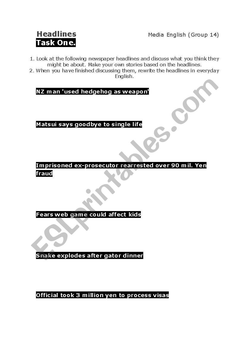 Newspaper Headlines worksheet