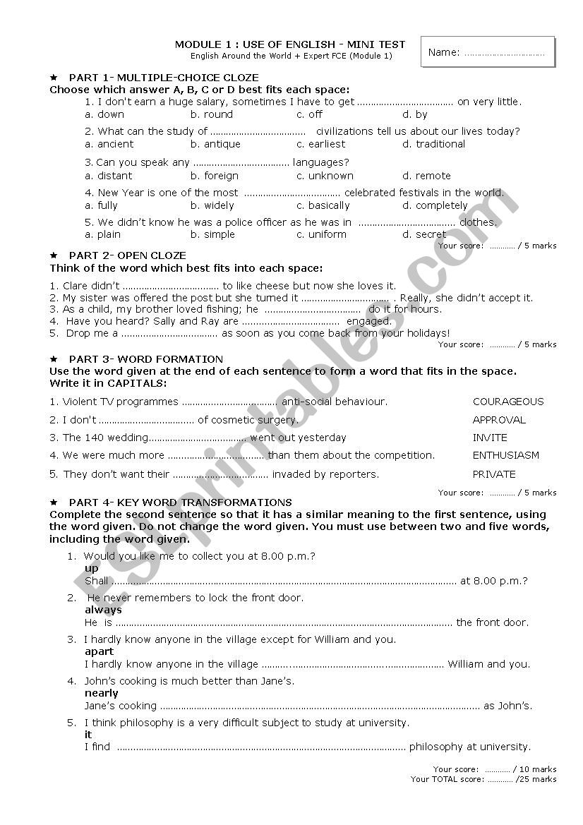 First Certificate - Use of English - Mini test