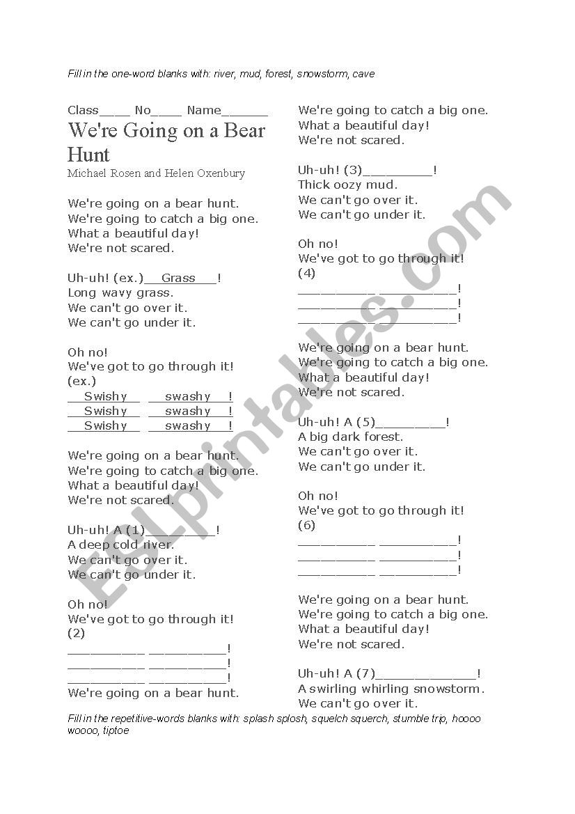 We´re Going on a Bear Hunt Sounds Worksheet