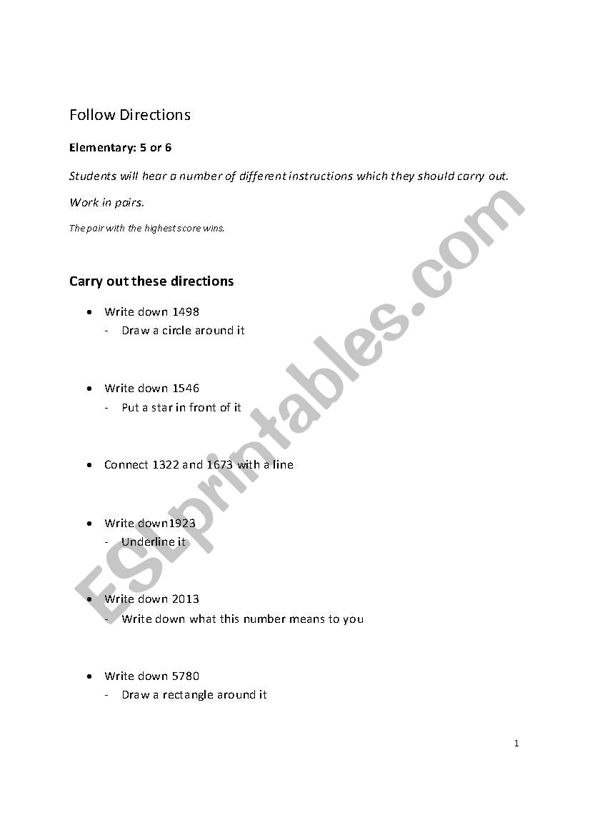 Following Directions Game worksheet