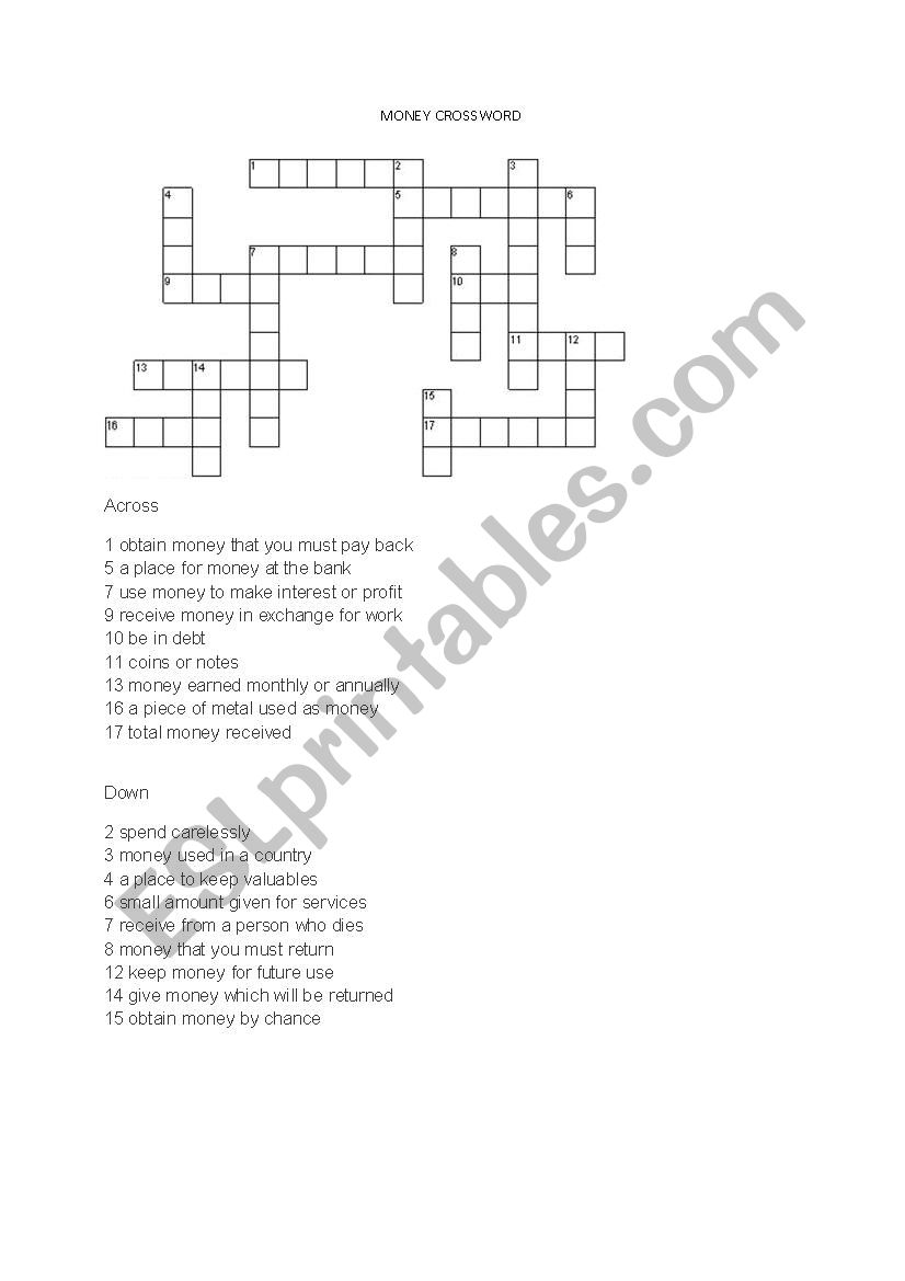 Money crossword+key worksheet