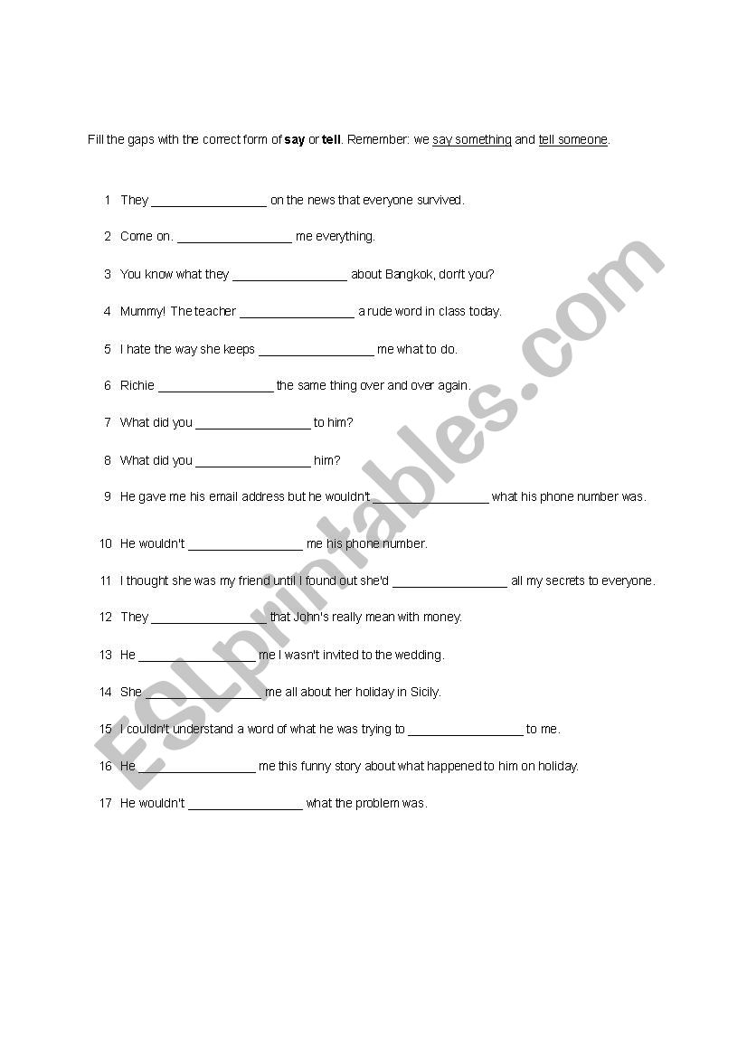 Say vs Tell gap-fill worksheet