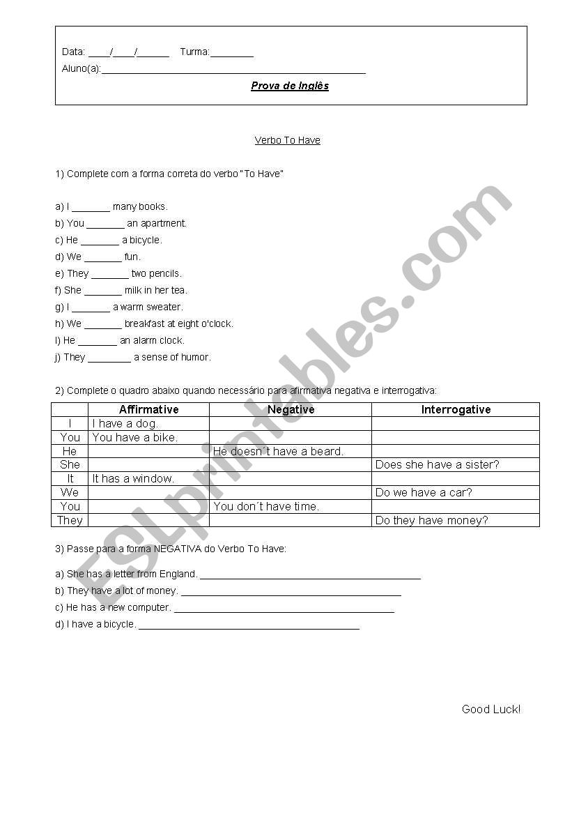 verb to have worksheet