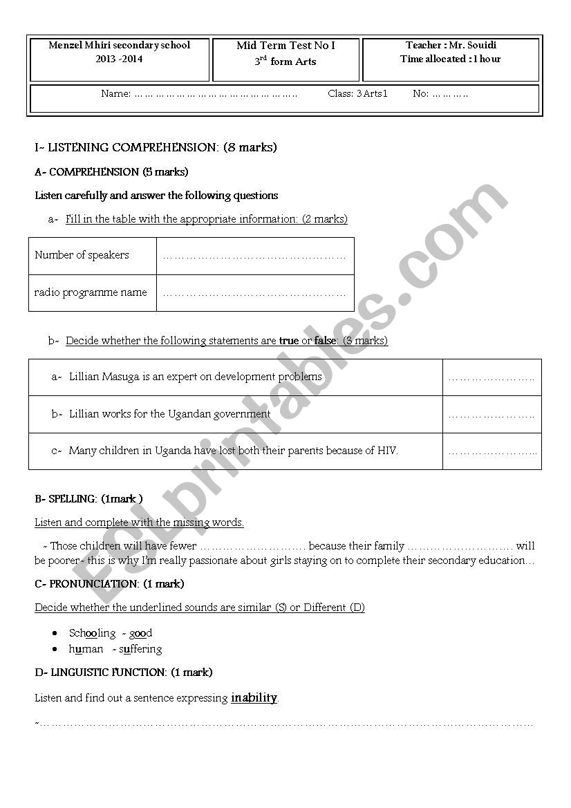 Mid-term test  N 1 for 3rd form arts