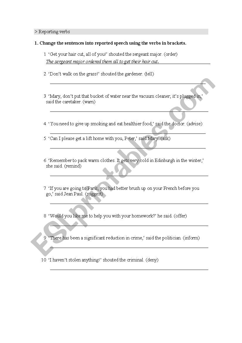 GRAMMAR WORKSHEET Reporting verbs