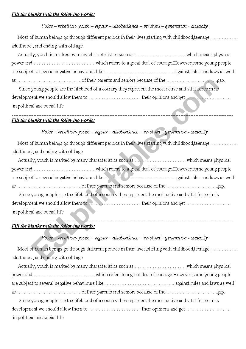 the characteristics of youths worksheet