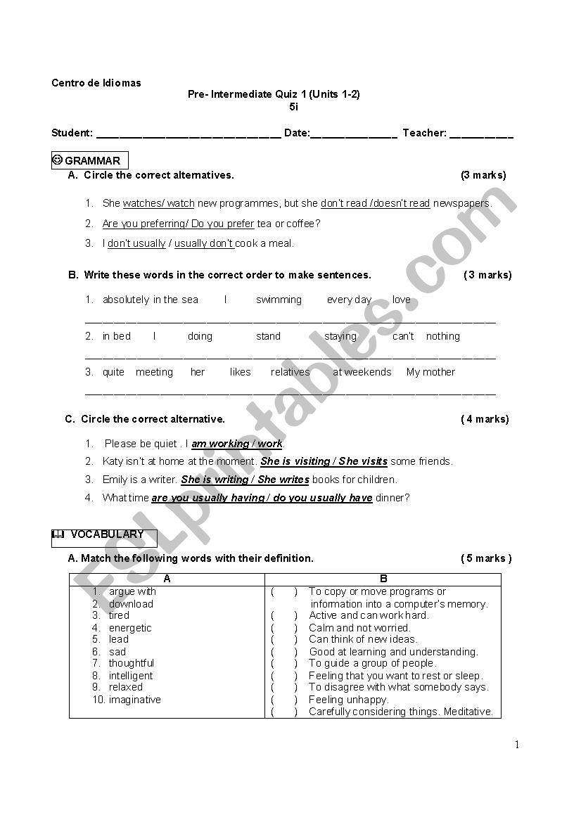 Pre-Intermediate Test worksheet