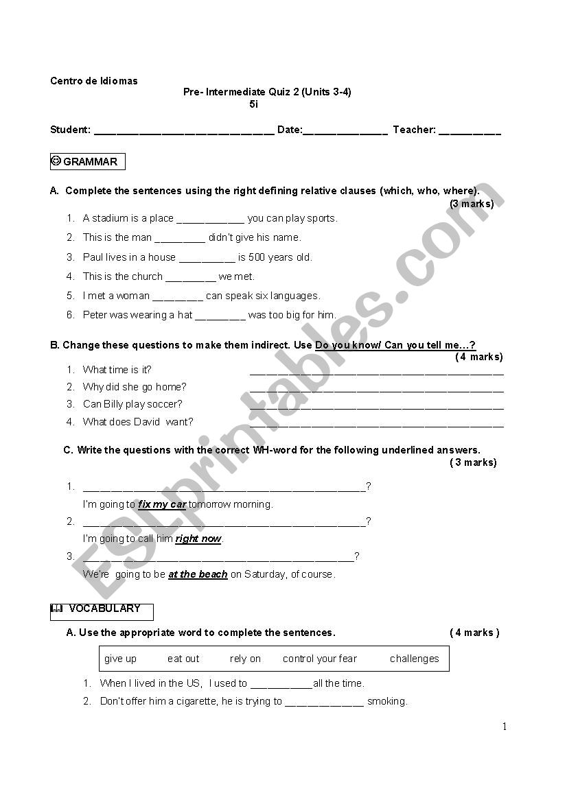 Pre-Intermediate Test worksheet