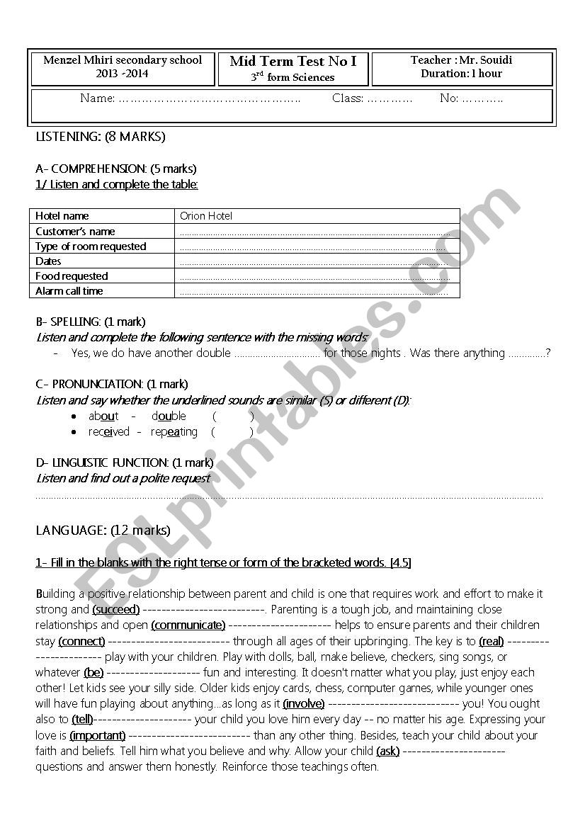 3rd form Sciences mid term test N 1