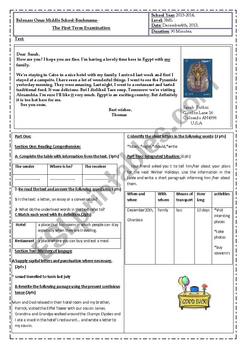 the first term exam:3middle school learners