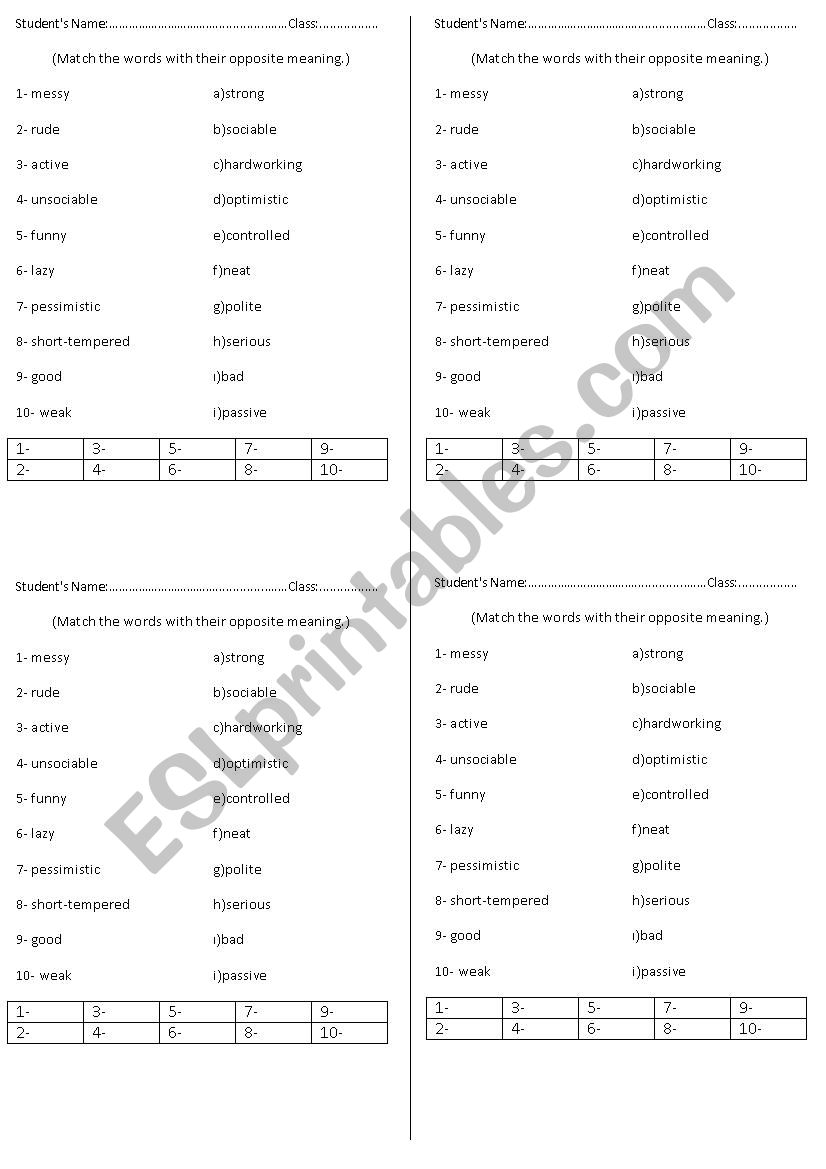 Adjectives-Matching Opposites worksheet