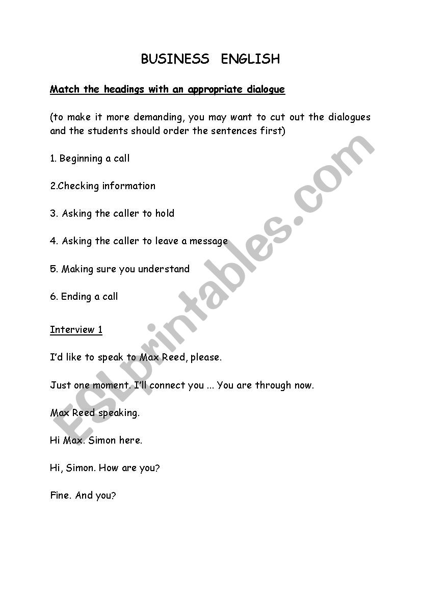 Business Dialogues worksheet