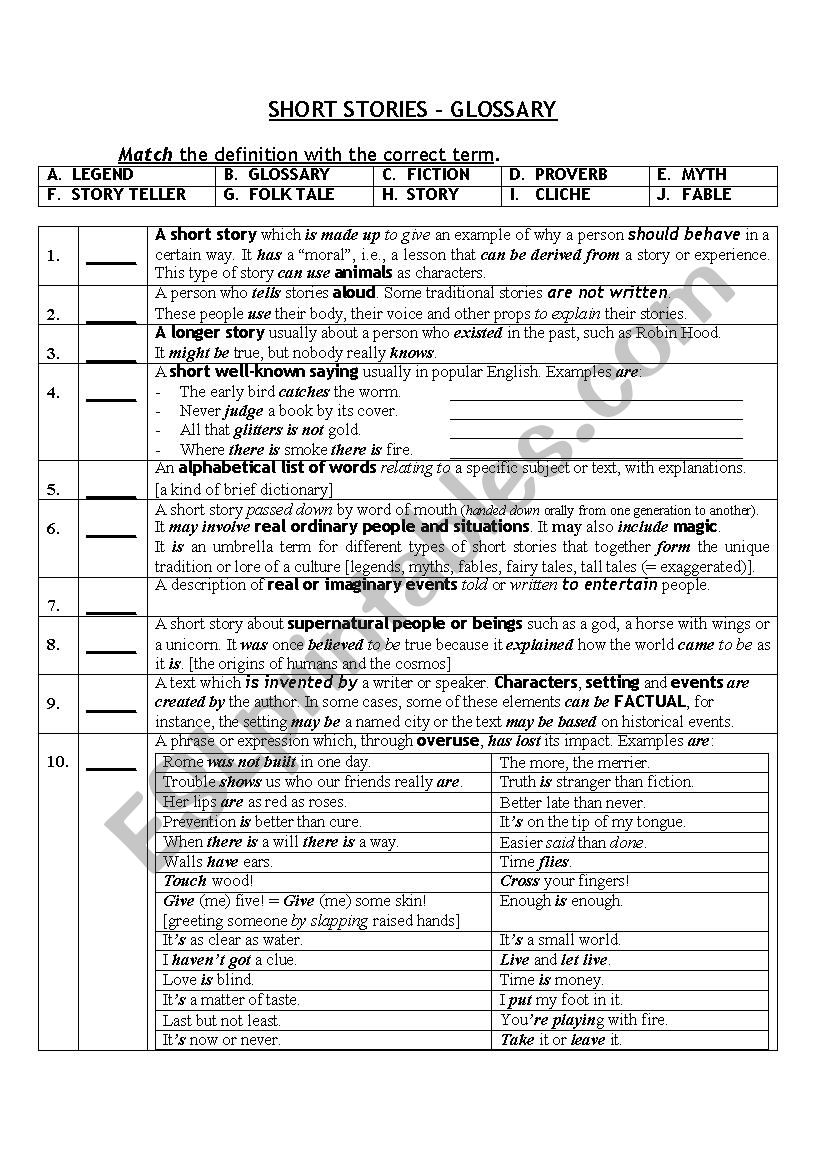 SHORT STORIES GLOSSARY WITH ANSWER KEY