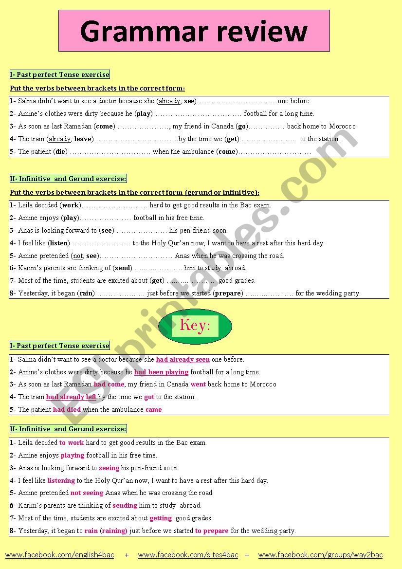 The Infinitive and Gerund + Past perfect  Grammar review (Practice) + key provided! 