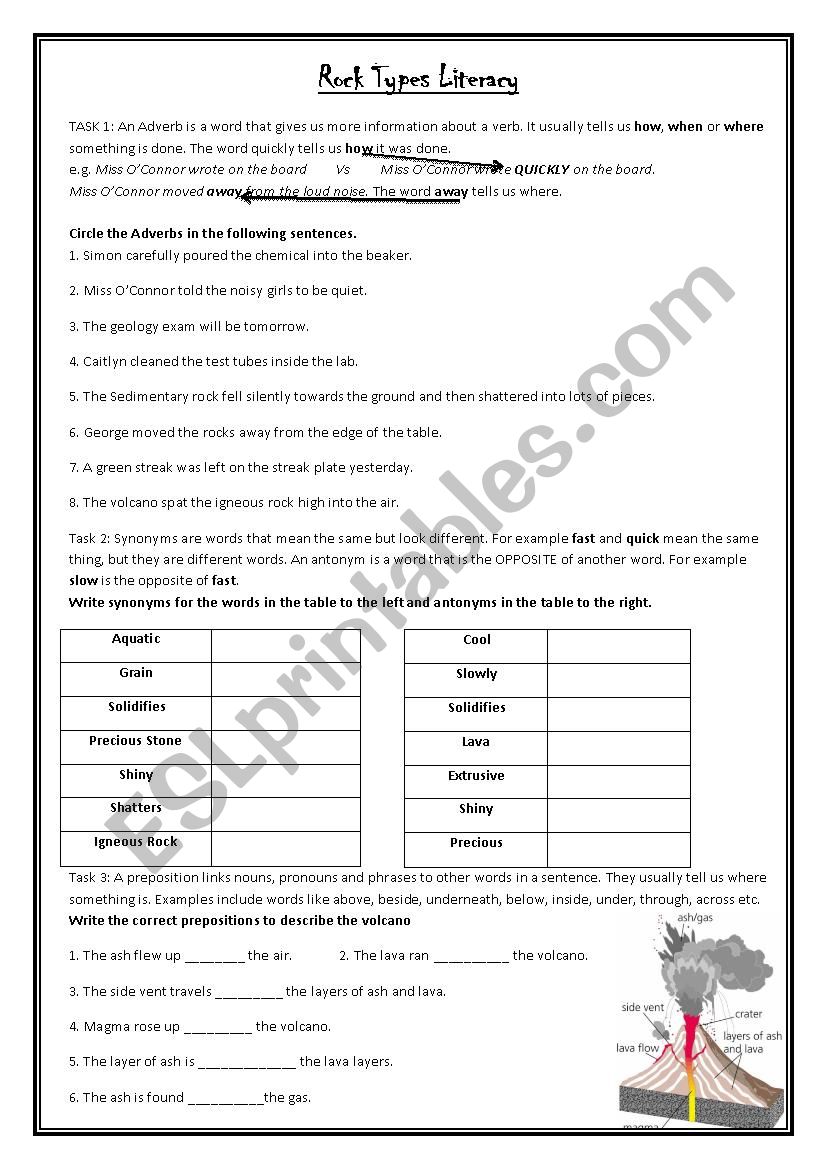 Rocks and Volcanoes worksheet