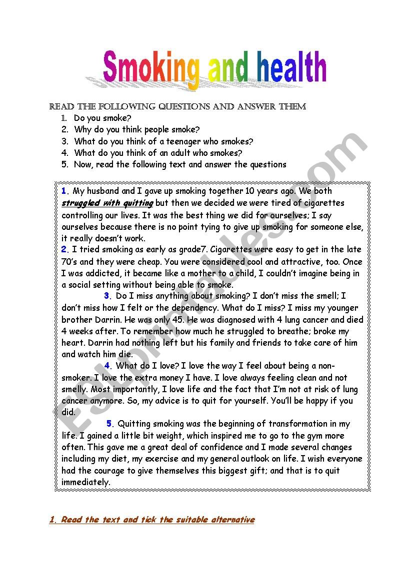 smoking and health worksheet