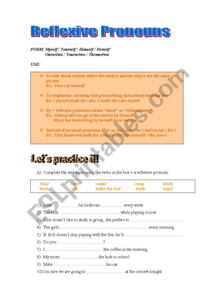 Reflexive Pronouns worksheet