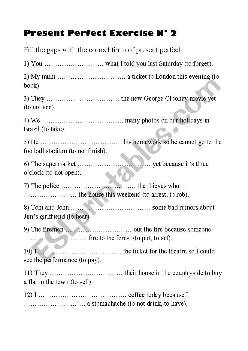 Persent perfect exercise n2 worksheet