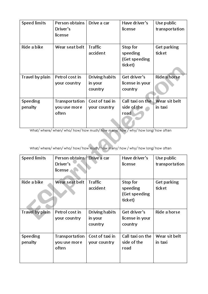 transport worksheet