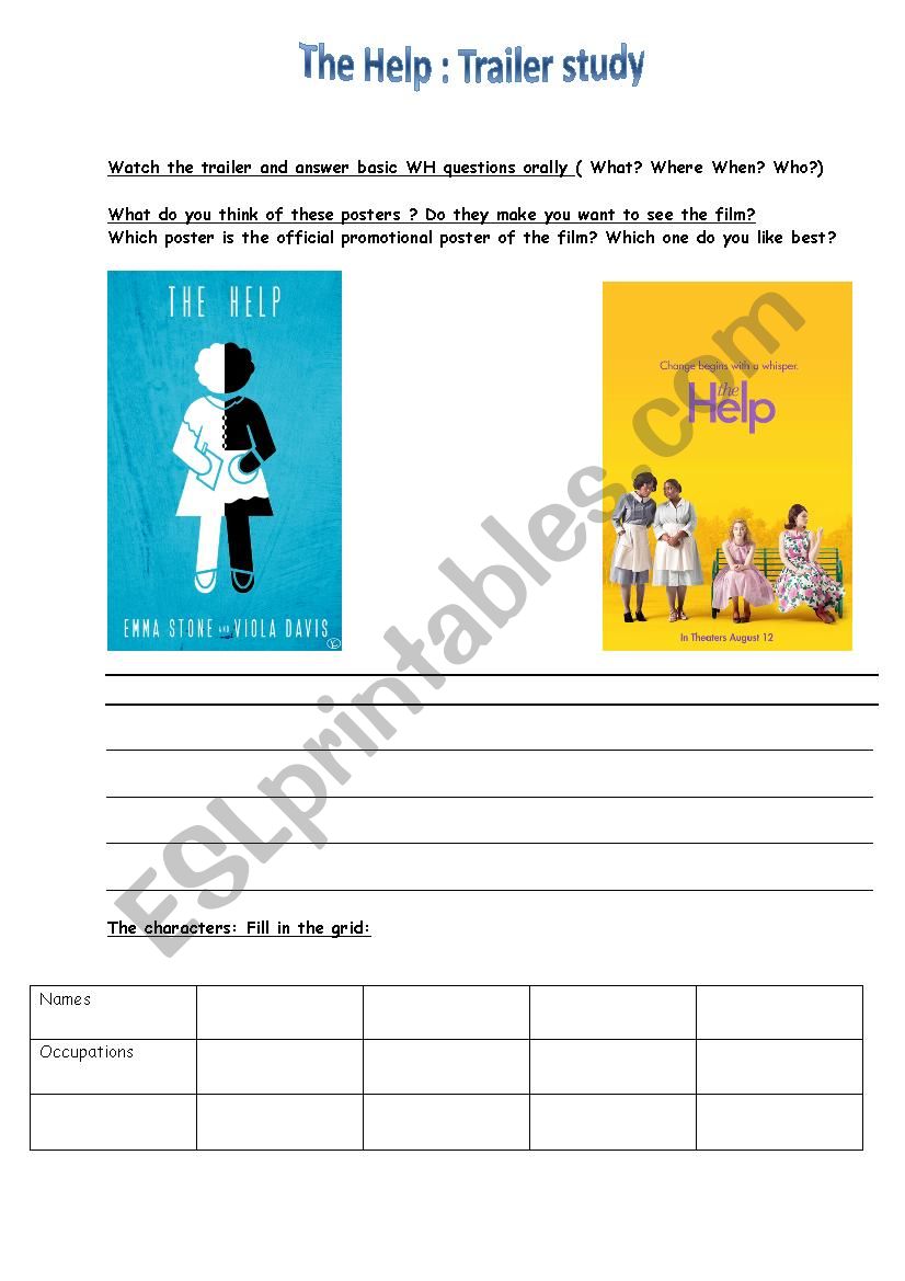 The Help Trailer Study worksheet