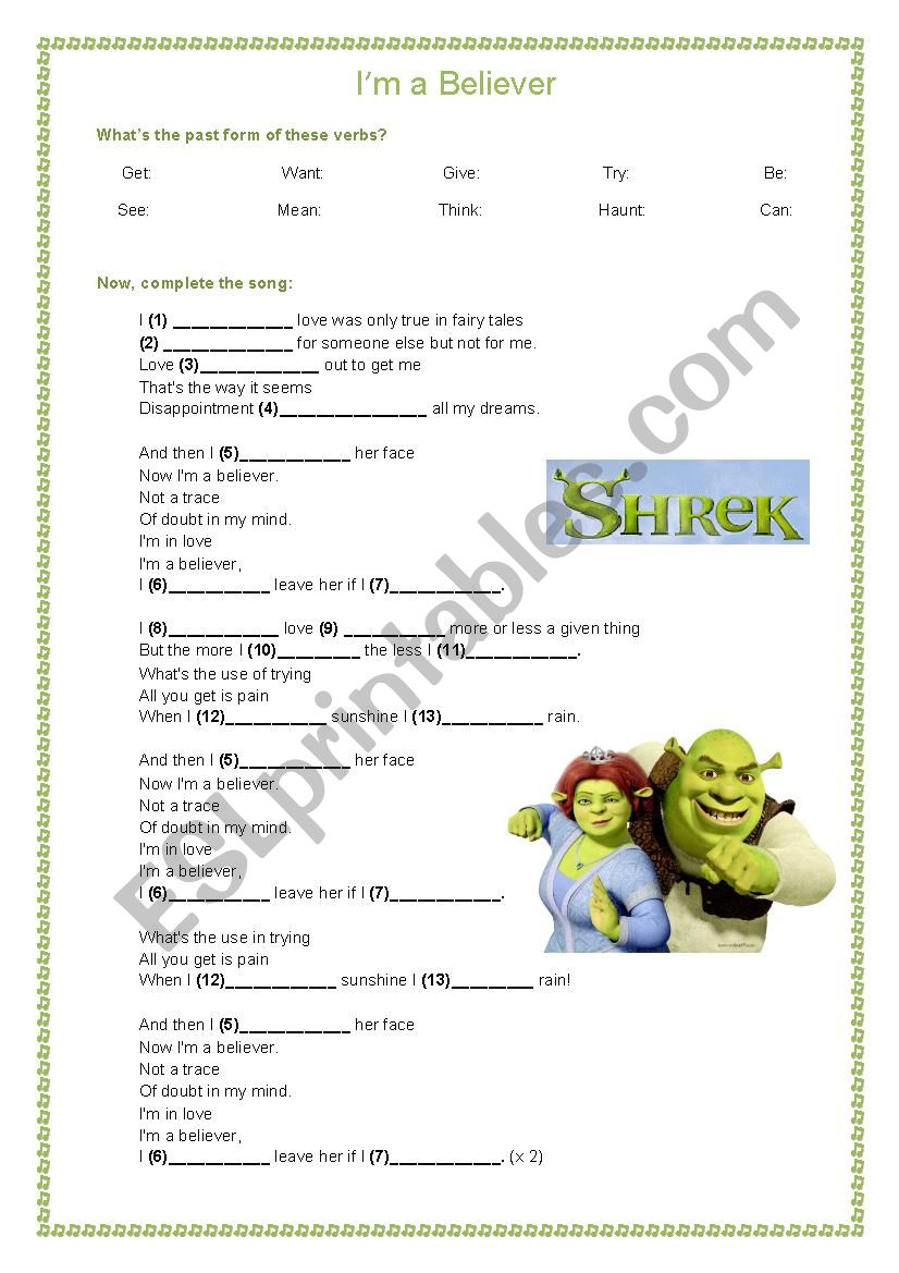 Im a Believer (Shrek) worksheet