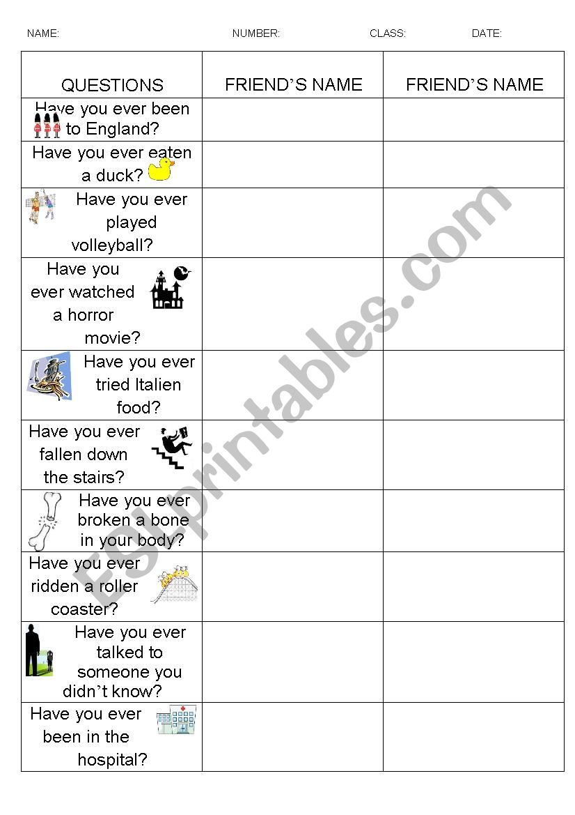 Present perfect class survey  worksheet