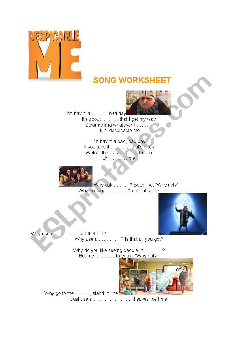 DESPICABLE ME SONG WORKSHEET worksheet