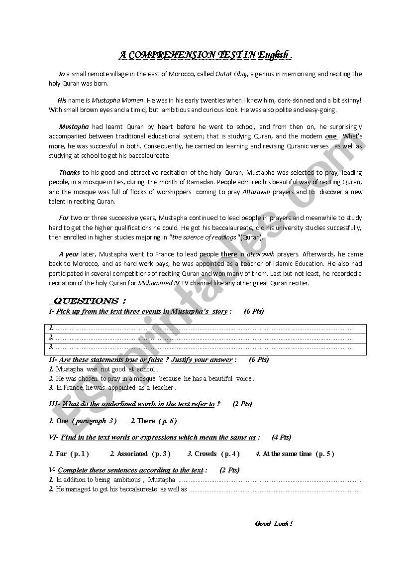 Comprehension Test on Youth worksheet