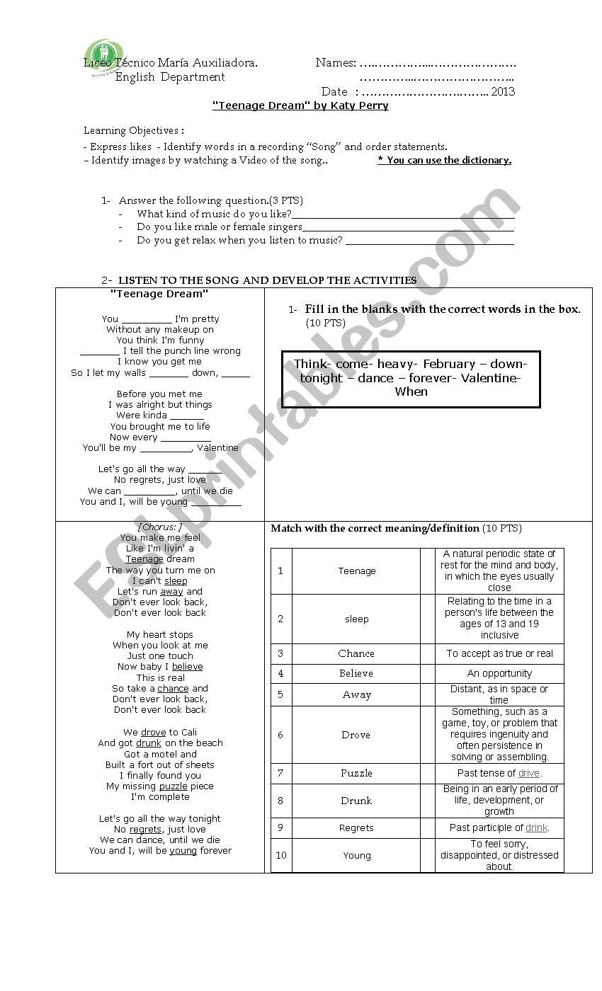 katy Perry SONG TEST  worksheet