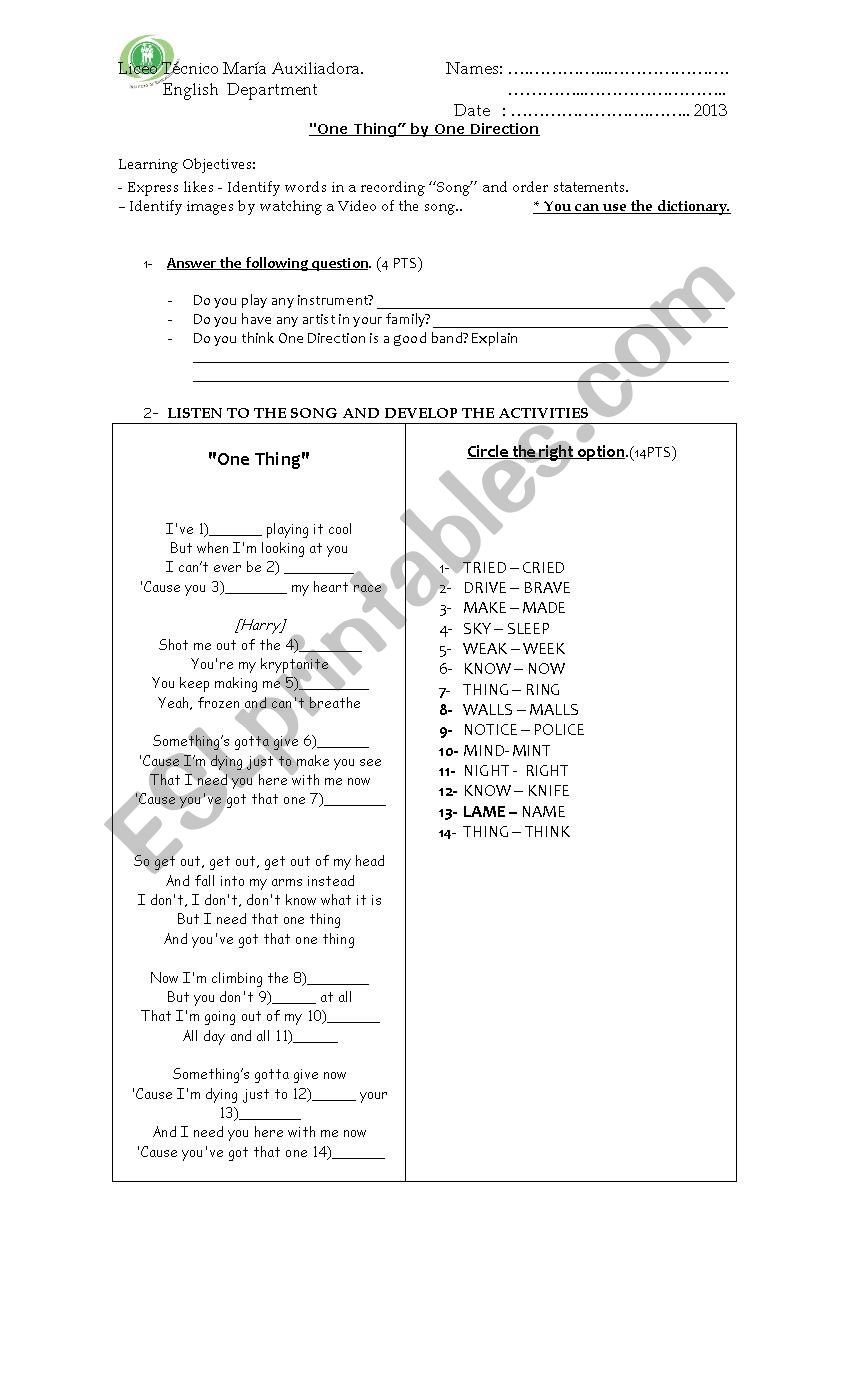 one direction song-test worksheet