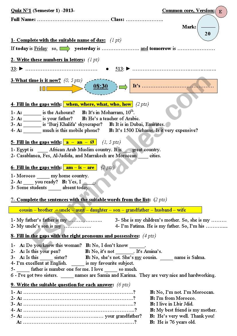 A superfine Quiz n°1 (with key) for elementary students - Semester 1 - Version -E- (2013)