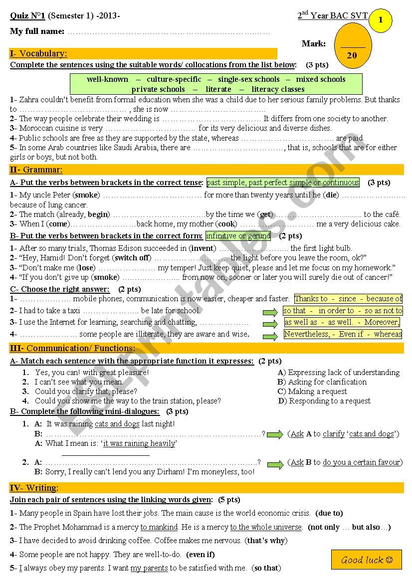 A nice Quiz n°1, for 2nd year BAC students (version A) Semester 1 - 2013