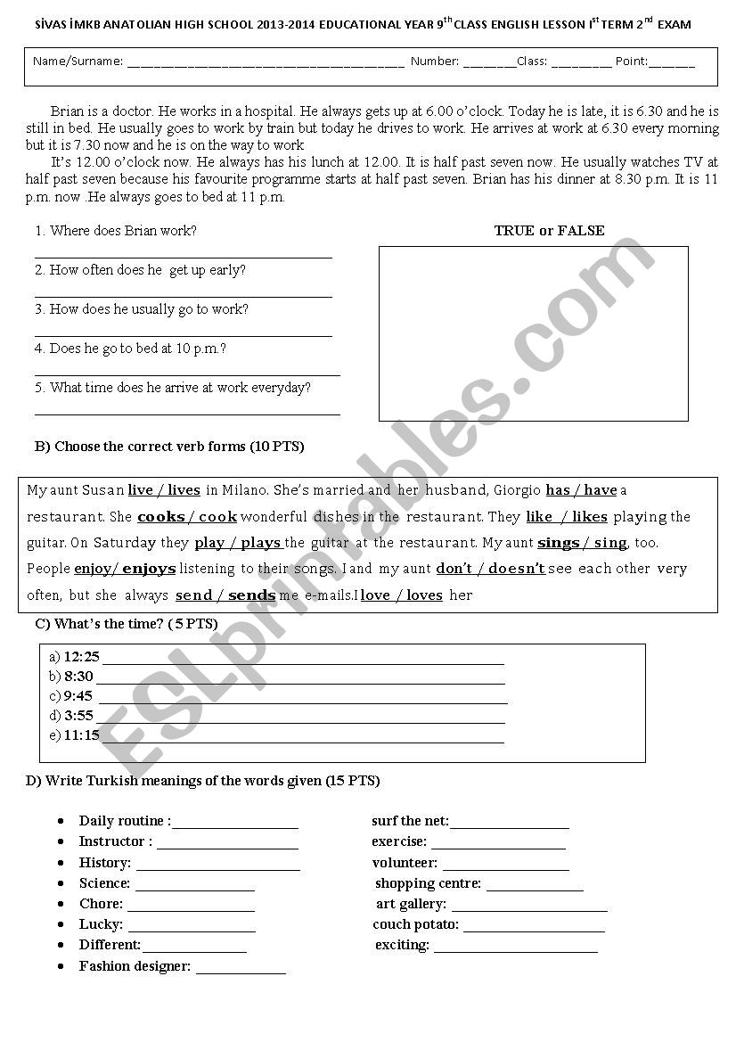 9th grade exam worksheet