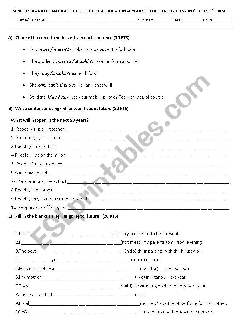 10th grade exam worksheet