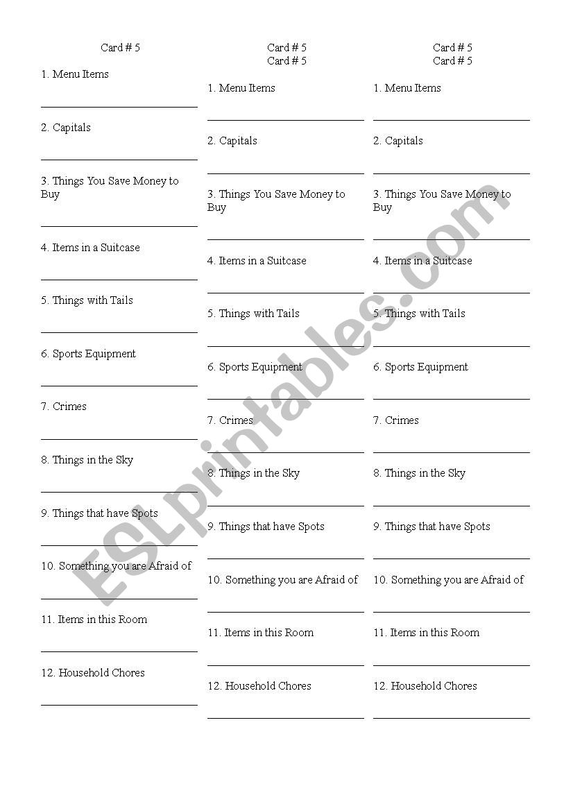 Scattergories 4 worksheet