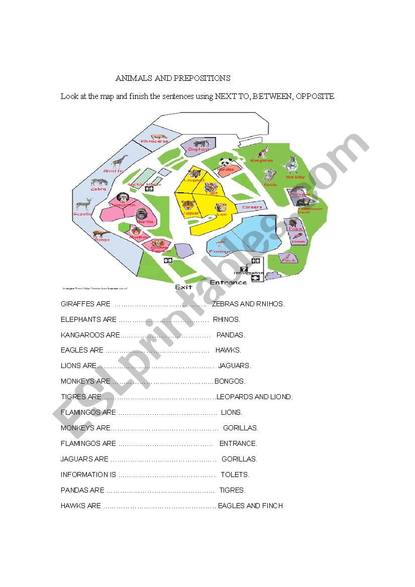 ANIMALS AND PREPOSITIONS worksheet