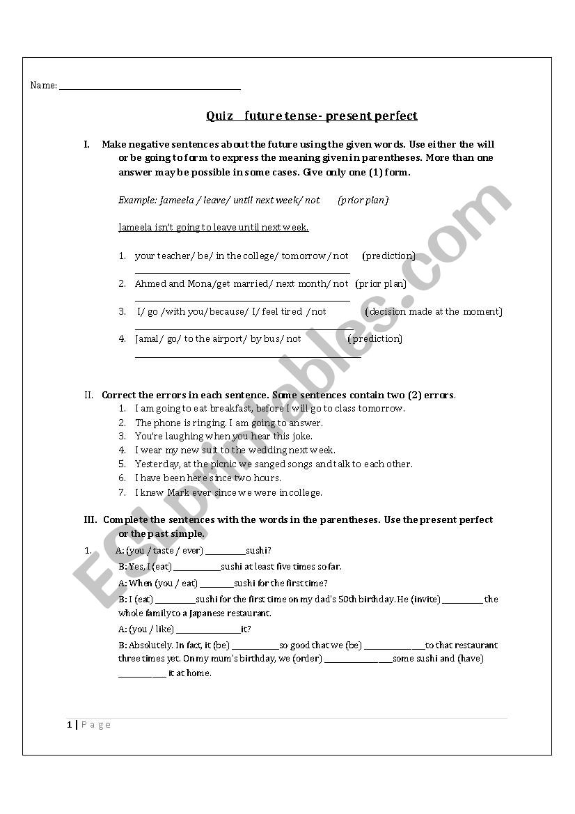 present perfect- future tense worksheet